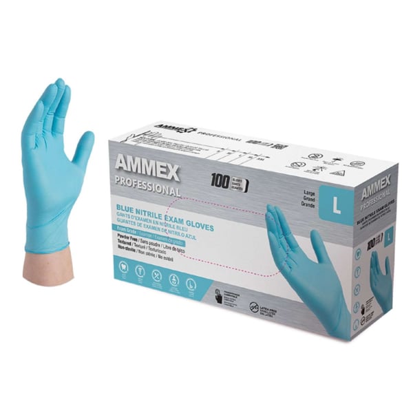 Ammex Professional Blue Nitrile Exam Gloves: LARG