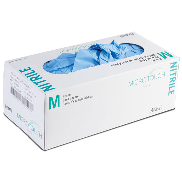 Micro-Touch Nitrile Exam Gloves: X-Small 200/bx. Powder-Free, Textured Fingertips, Blue, Beaded